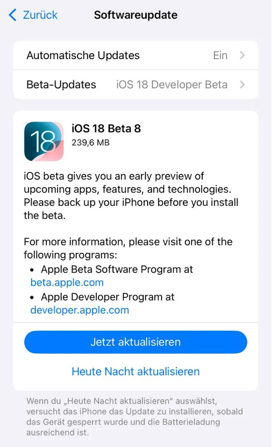 邱县苹果手机维修分享苹果 iOS / iPadOS 18 开发者预览版 Beta 8 发布 